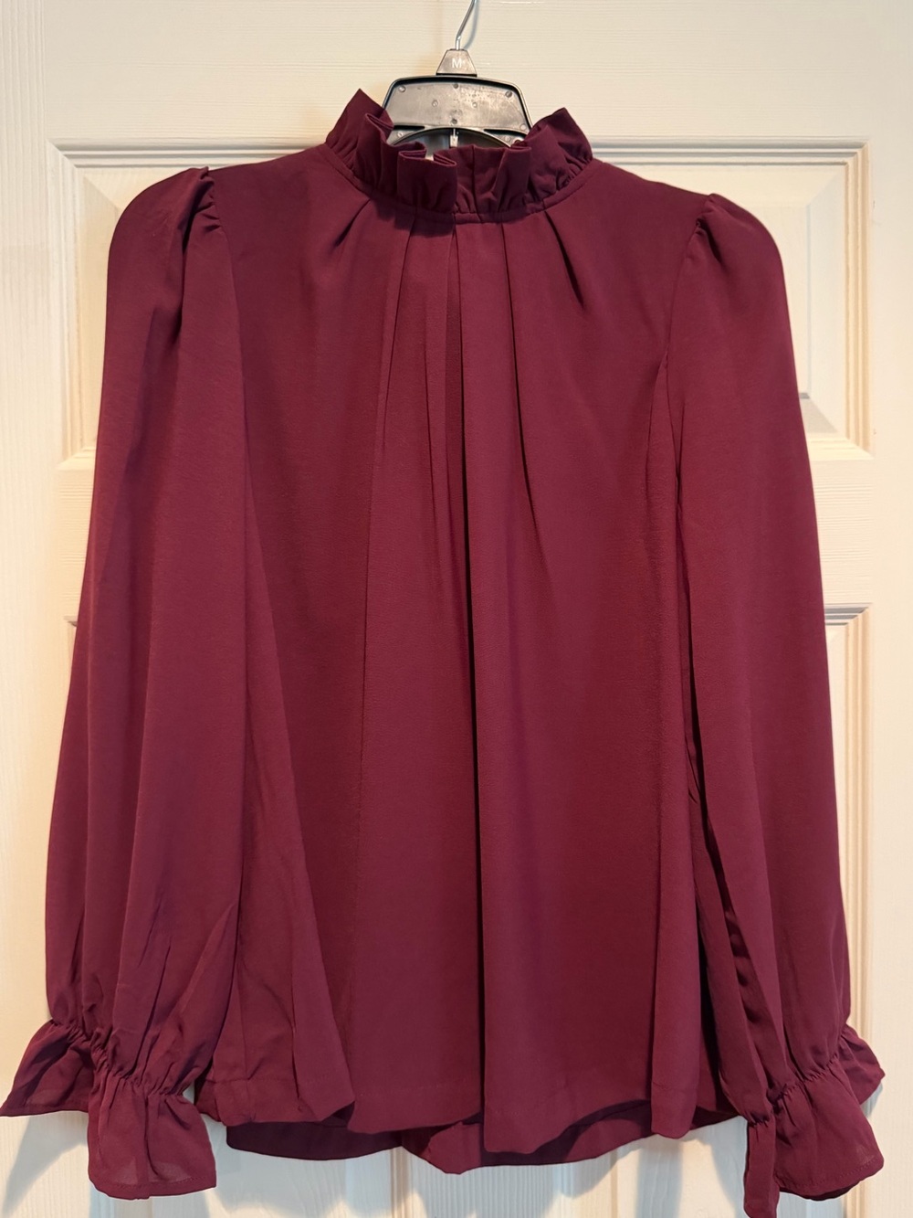 Ruffled Mock-Neck Blouse in Burgundy
